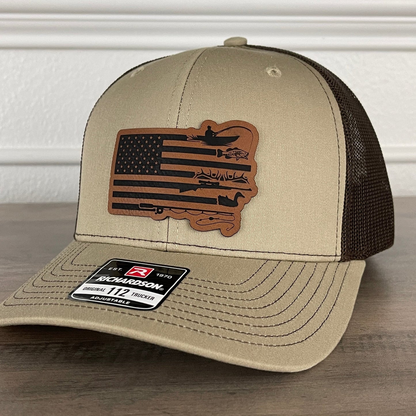 Fishing And Duck Hunting American Flag Patriotic Leather Patch Hat Khaki/Brown - Hollow Point Society - Patch Hat