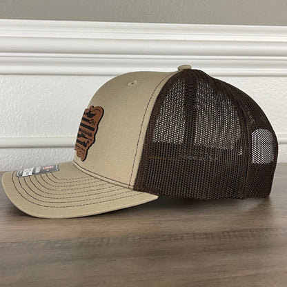 Fishing And Duck Hunting American Flag Patriotic Leather Patch Hat Khaki/Brown - Hollow Point Society - Patch Hat