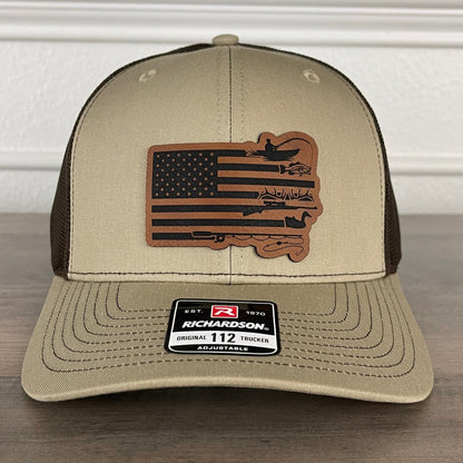 Fishing And Duck Hunting American Flag Patriotic Leather Patch Hat Khaki/Brown - Hollow Point Society - Patch Hat