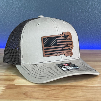 Fishing And Duck Hunting American Flag Patriotic Leather Patch Hat Khaki/Brown - Hollow Point Society - Patch Hat