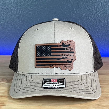Fishing And Duck Hunting American Flag Patriotic Leather Patch Hat Khaki/Brown - Hollow Point Society - Patch Hat