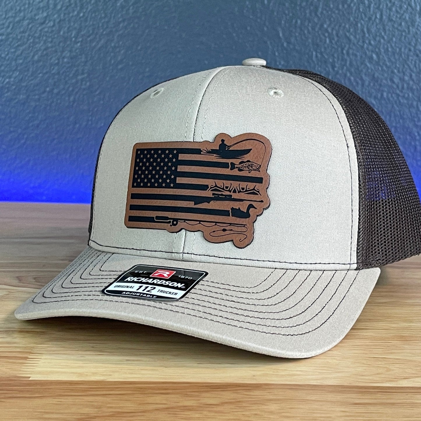 Fishing And Duck Hunting American Flag Patriotic Leather Patch Hat Khaki/Brown - Hollow Point Society - Patch Hat