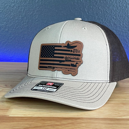 Fishing And Duck Hunting American Flag Patriotic Leather Patch Hat Khaki/Brown - Hollow Point Society - Patch Hat