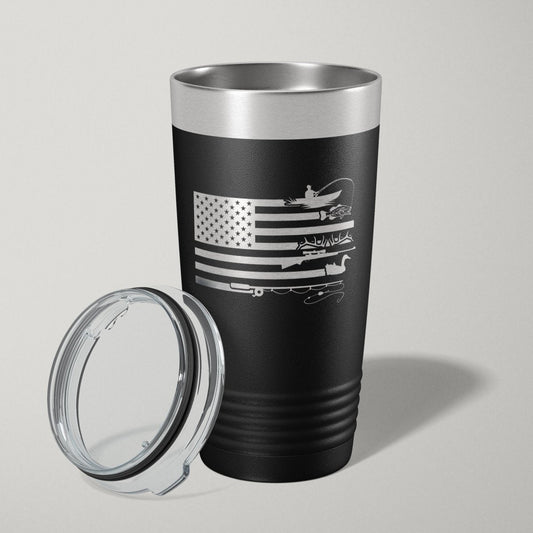 Fishing And Hunting American Flag 20oz Laser Engraved Tumbler Travel Mug - Hollow Point Society - Tumblers