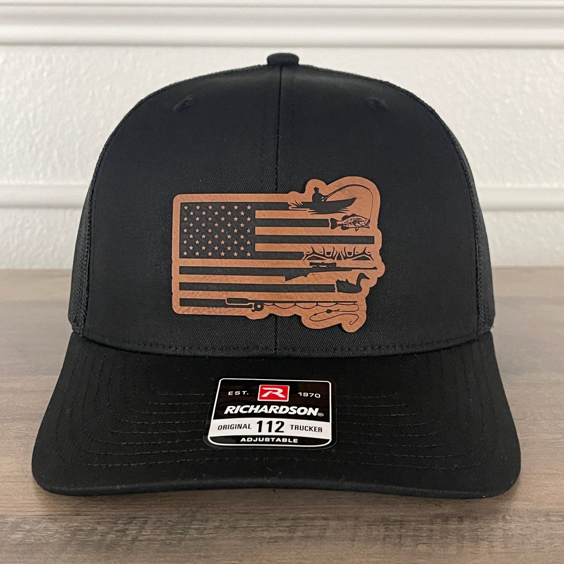 Fishing and Hunting Flag Leather Patch Hat Black - Hollow Point Society - Patch Hat