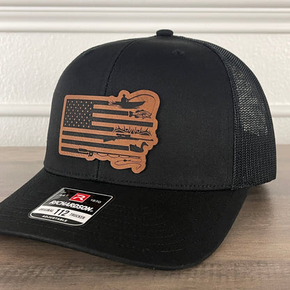 Fishing and Hunting Flag Leather Patch Hat Black - Hollow Point Society - Patch Hat