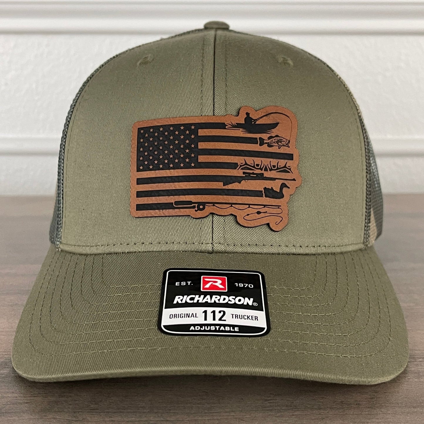 Fishing Duck Hunting American Flag Patriotic Leather Patch Hat Green/Camo - Hollow Point Society - Patch Hat