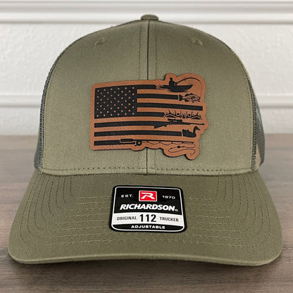 Fishing Duck Hunting American Flag Patriotic Leather Patch Hat Green/Camo - Hollow Point Society - Patch Hat