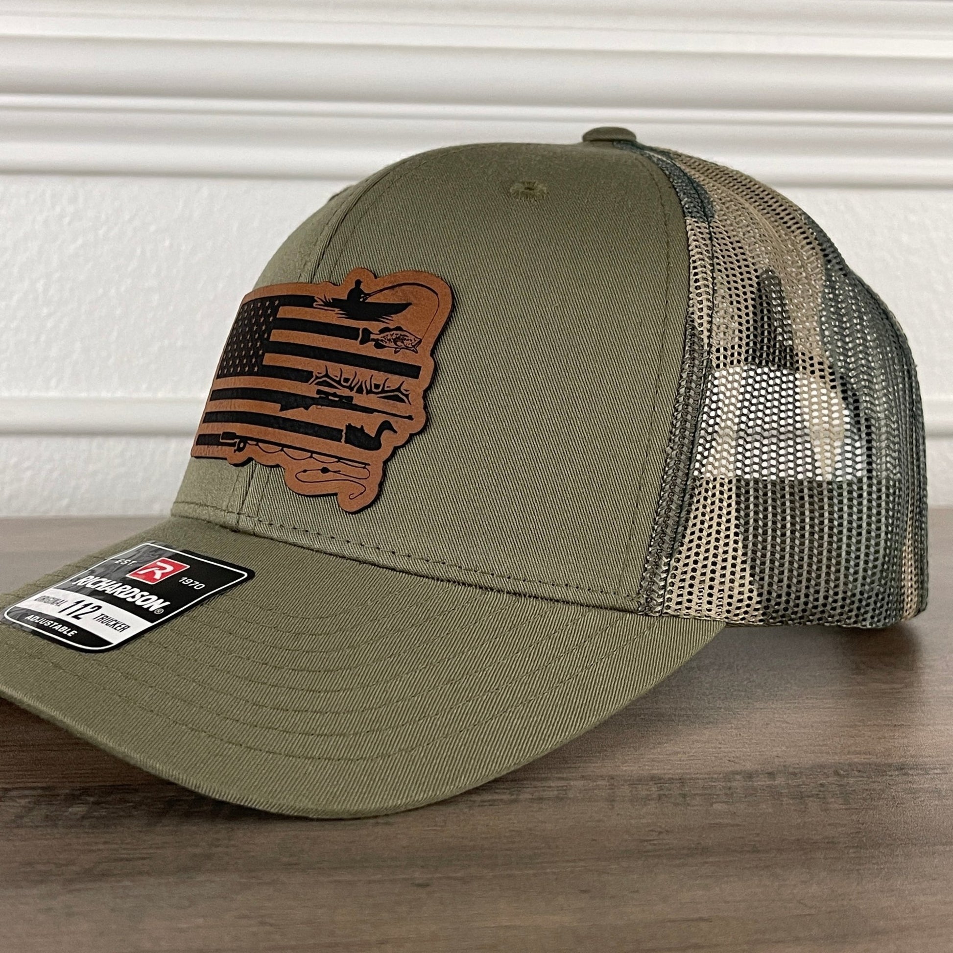 Fishing Duck Hunting American Flag Patriotic Leather Patch Hat Green/Camo - Hollow Point Society - Patch Hat