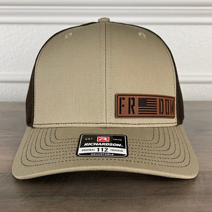 Freedom American Flag Patriotic Leather Patch Hat Khaki/Brown - Hollow Point Society - Patch Hat