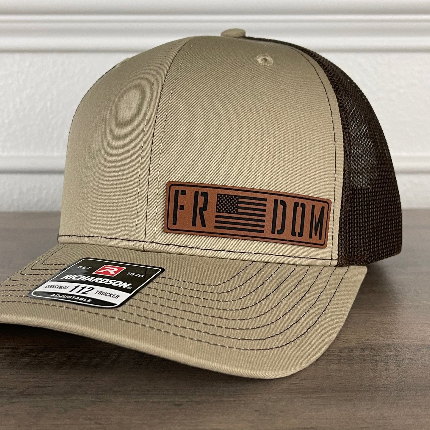 Freedom American Flag Patriotic Leather Patch Hat Khaki/Brown - Hollow Point Society - Patch Hat