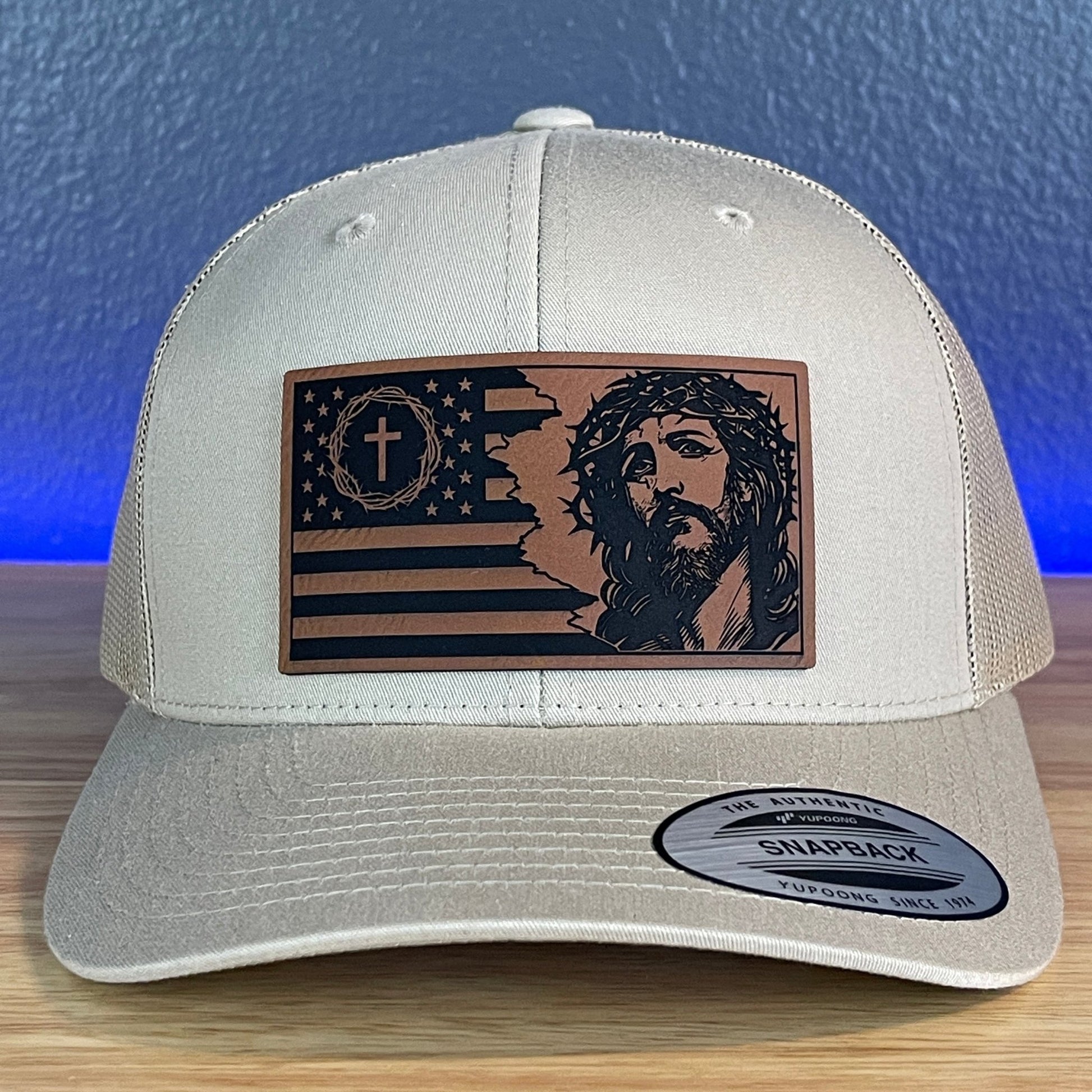 God And Country American Flag Christian SnapBack Trucker Leather Patch Hat Khaki - Hollow Point Society - Patch Hat