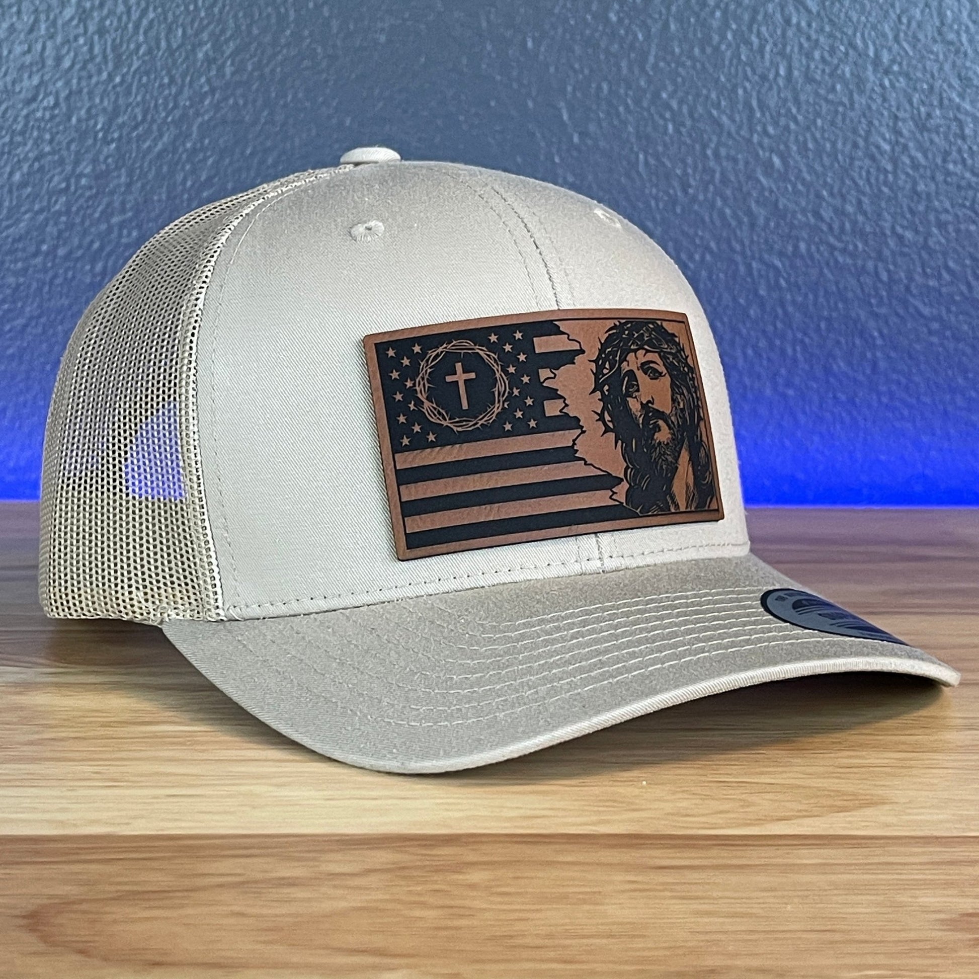 God And Country American Flag Christian SnapBack Trucker Leather Patch Hat Khaki - Hollow Point Society - Patch Hat