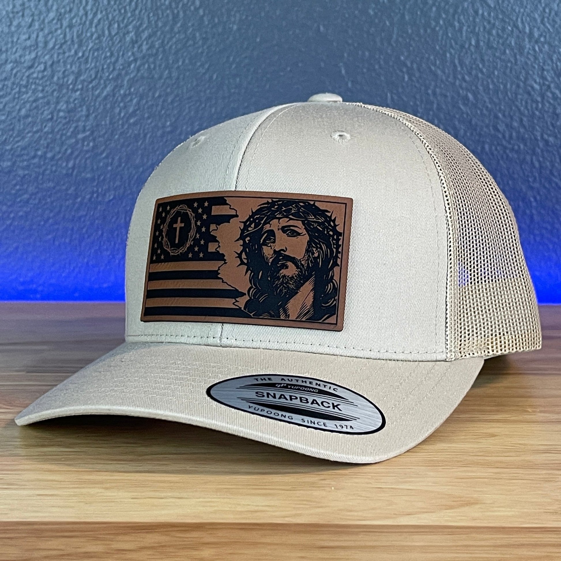 God And Country American Flag Christian SnapBack Trucker Leather Patch Hat Khaki - Hollow Point Society - Patch Hat