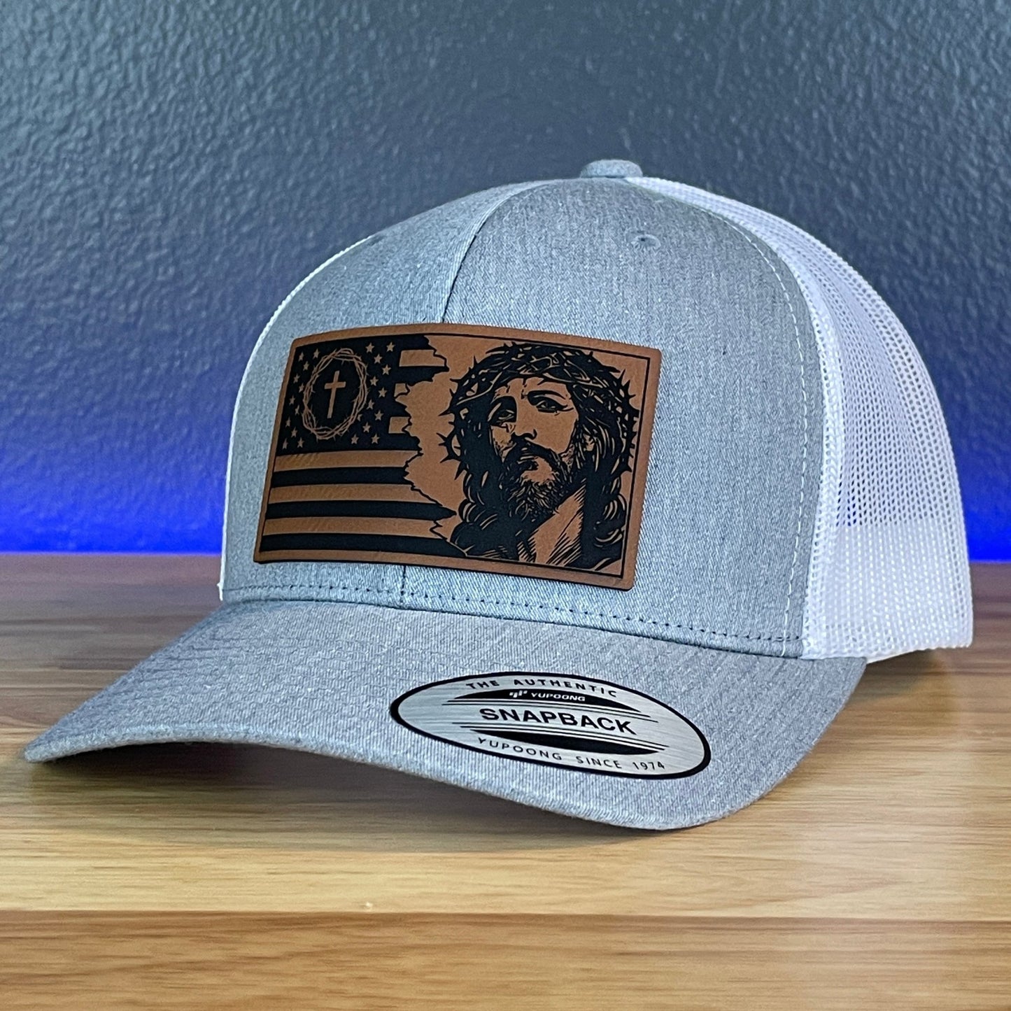 God And Country Christian American Flag Leather Patch Richardson Original 112 - or - Yupoong Classics 6606 SnapBack Trucker Hat Heather Grey/White - Hollow Point Society - Patch Hat