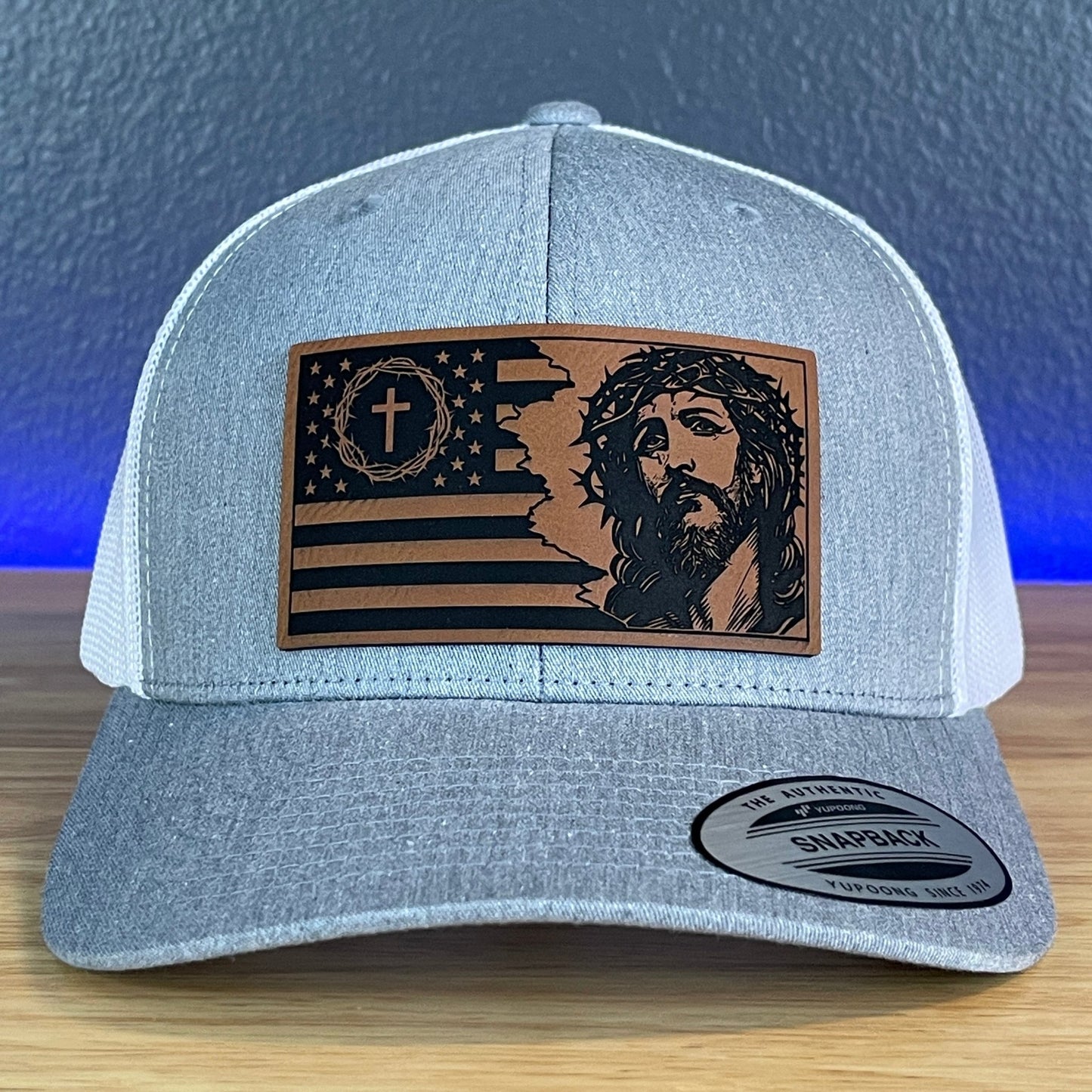 God And Country Christian American Flag Leather Patch Richardson Original 112 - or - Yupoong Classics 6606 SnapBack Trucker Hat Heather Grey/White - Hollow Point Society - Patch Hat