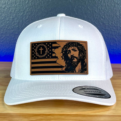 God And Country Christian American Flag Leather Patch Richardson Original 112 - or - Yupoong Classics 6606 SnapBack Trucker Hat White - Hollow Point Society - Patch Hat