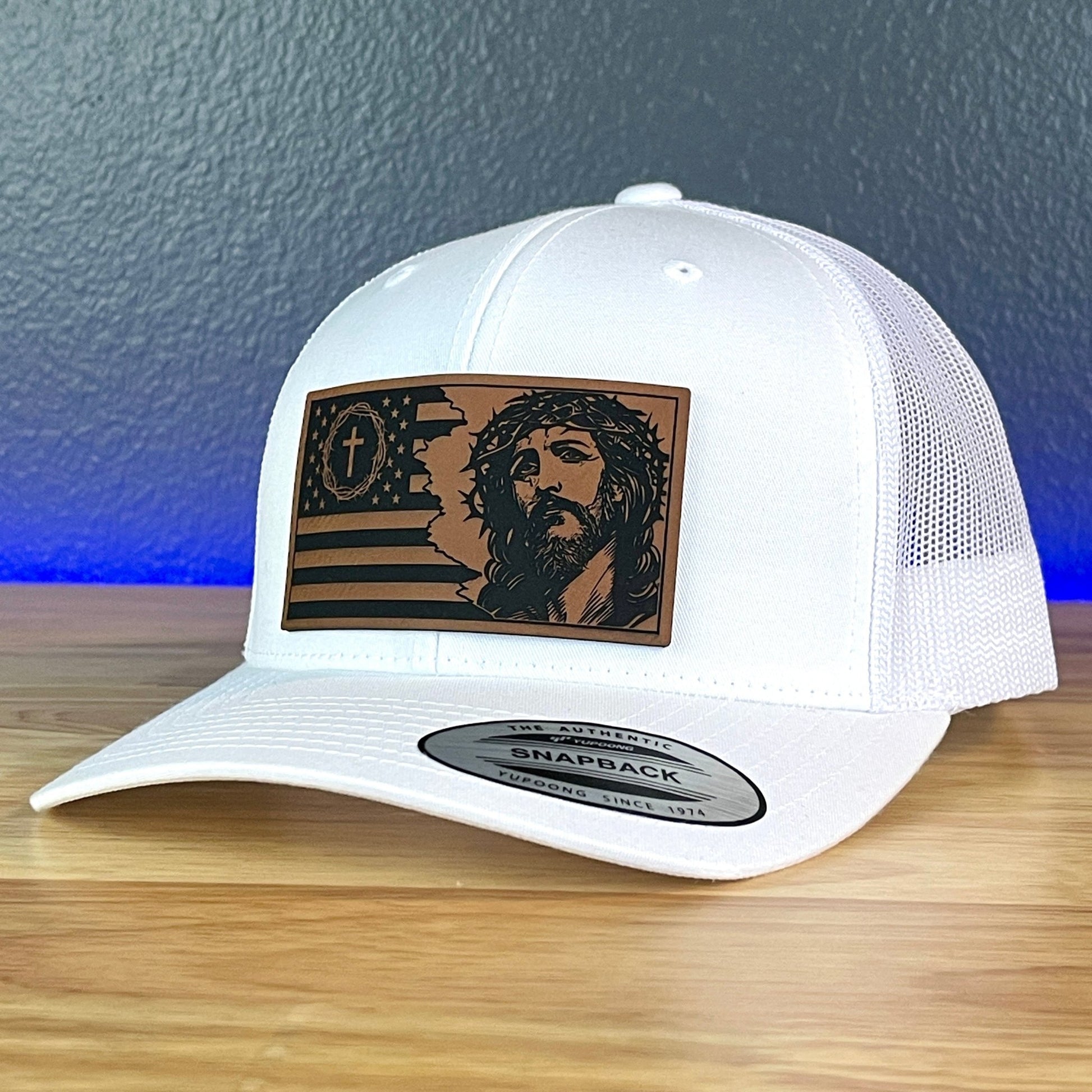 God And Country Christian American Flag Leather Patch Richardson Original 112 - or - Yupoong Classics 6606 SnapBack Trucker Hat White - Hollow Point Society - Patch Hat