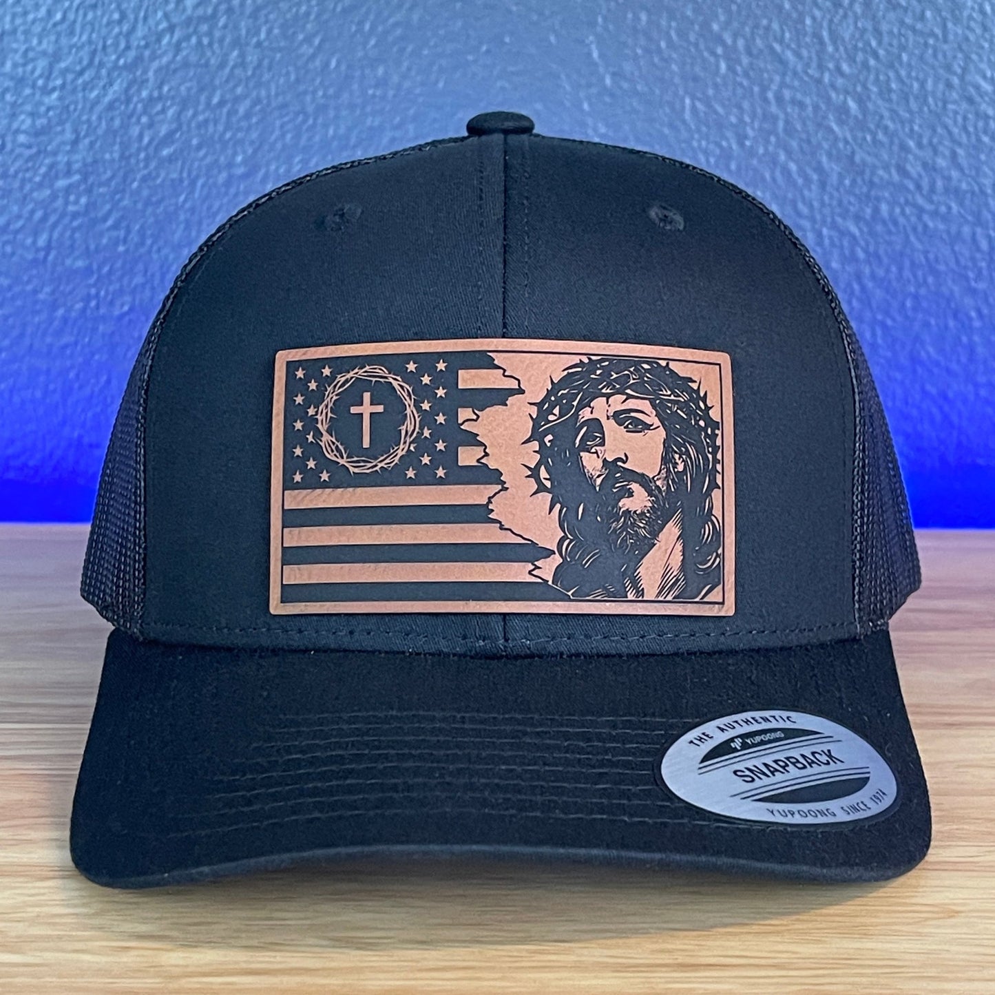 God And Country Jesus American Flag Christian SnapBack Trucker Rawhide Leather Patch Black Hat - Hollow Point Society - Patch Hat