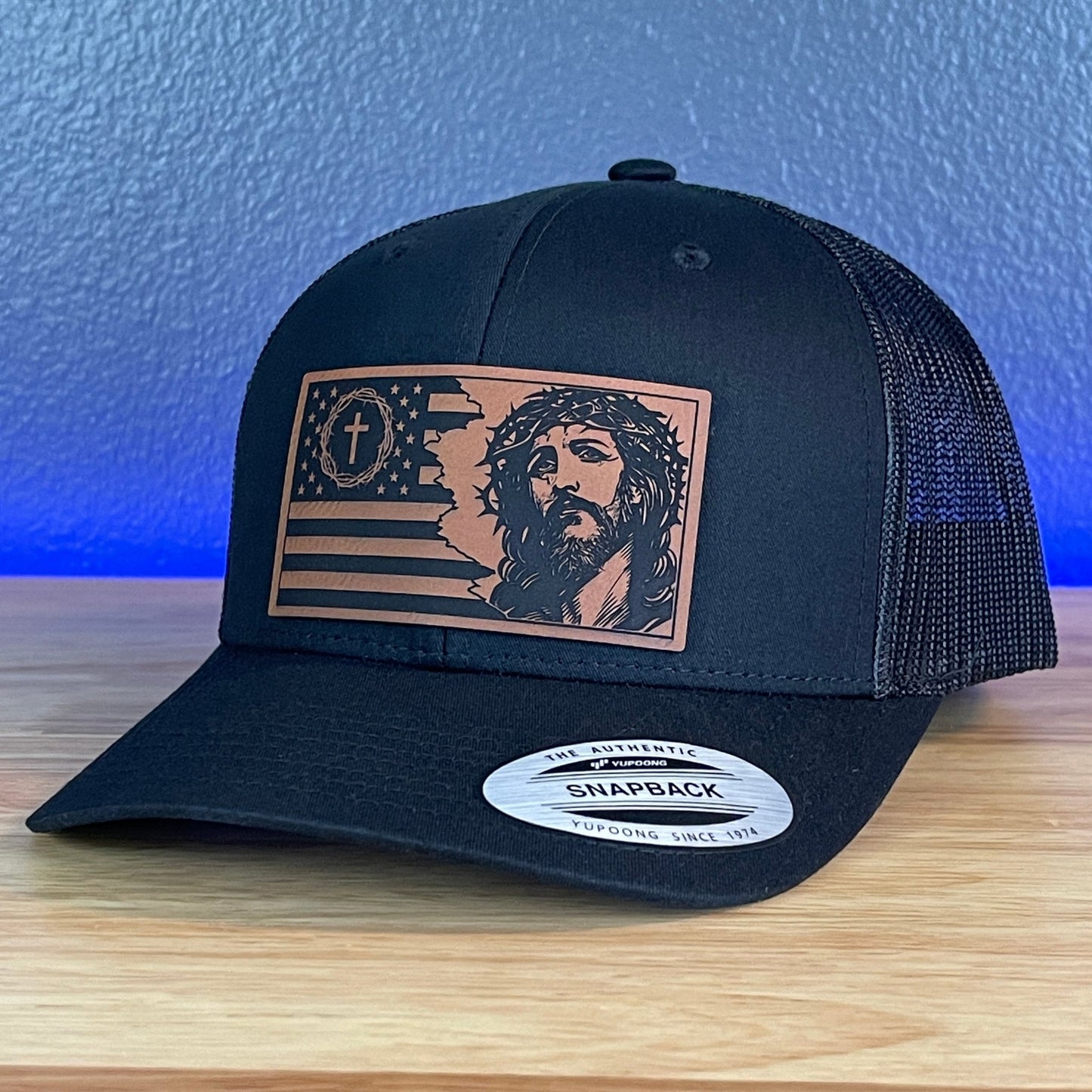 God And Country Jesus American Flag Christian SnapBack Trucker Rawhide Leather Patch Black Hat - Hollow Point Society - Patch Hat