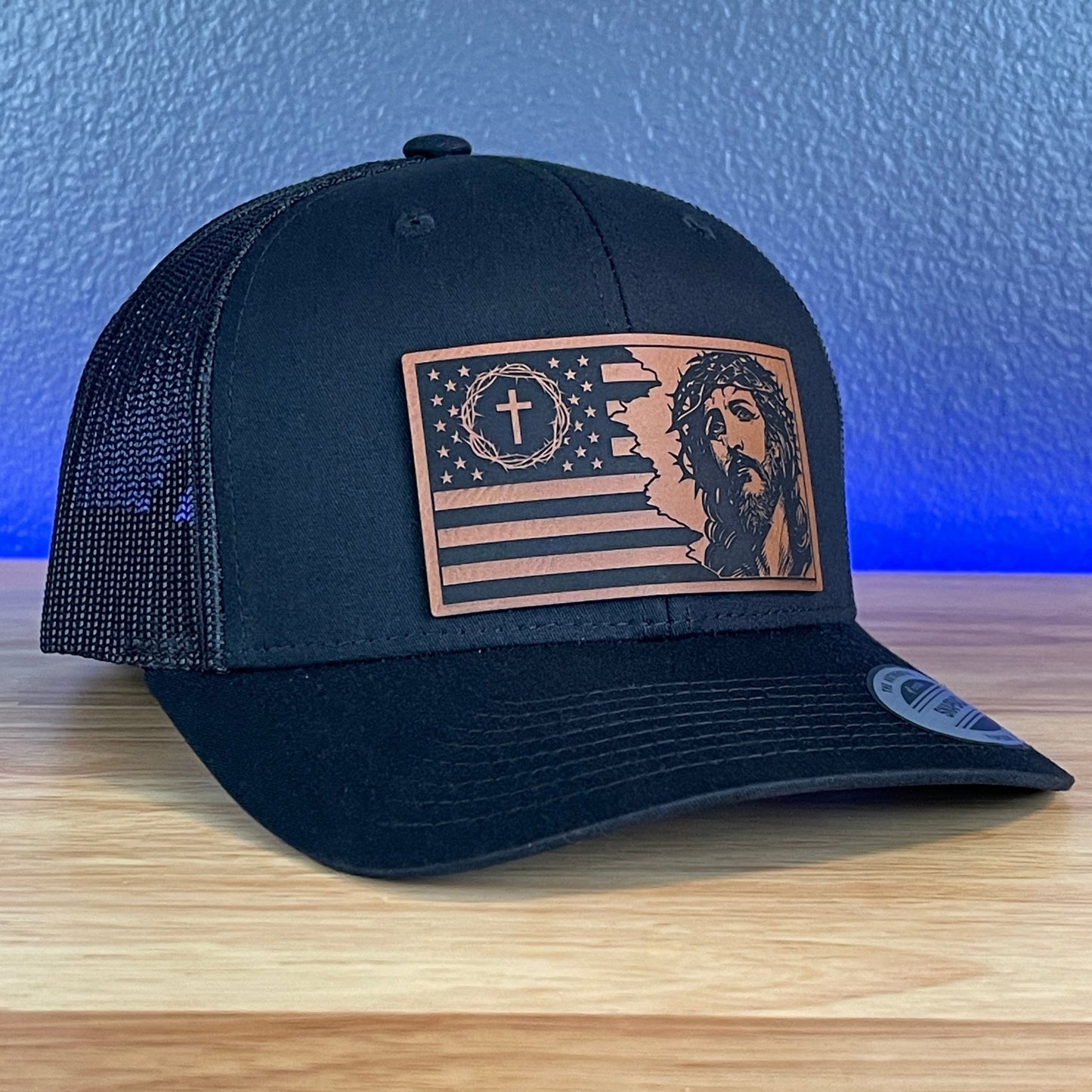 God And Country Jesus American Flag Christian SnapBack Trucker Rawhide Leather Patch Black Hat - Hollow Point Society - Patch Hat