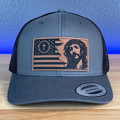 God And Country Jesus American Flag Christian SnapBack Trucker Rawhide Leather Patch Hat Charcoal - Hollow Point Society - Patch Hat