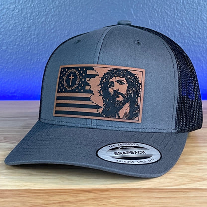 God And Country Jesus American Flag Christian SnapBack Trucker Rawhide Leather Patch Hat Charcoal - Hollow Point Society - Patch Hat