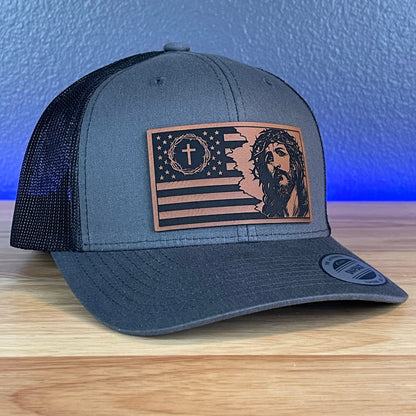 God And Country Jesus American Flag Christian SnapBack Trucker Rawhide Leather Patch Hat Charcoal - Hollow Point Society - Patch Hat