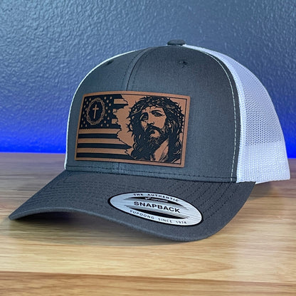 God And Country Jesus American Flag Christian SnapBack Trucker Rawhide Leather Patch Hat Charcoal/White - Hollow Point Society - Patch Hat