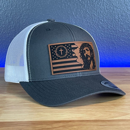 God And Country Jesus American Flag Christian SnapBack Trucker Rawhide Leather Patch Hat Charcoal/White - Hollow Point Society - Patch Hat