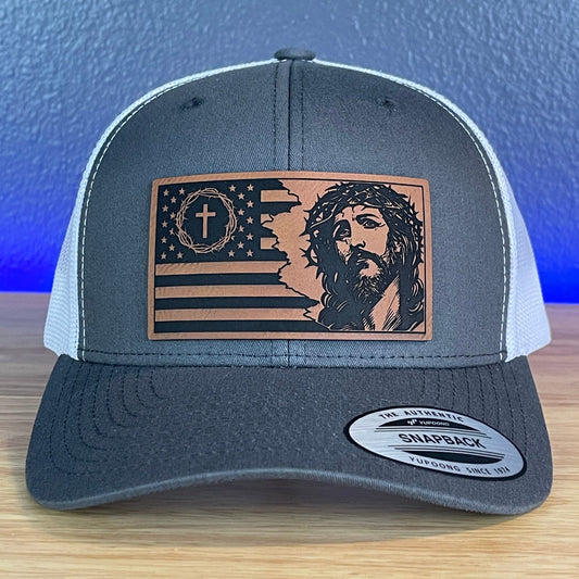 God And Country Jesus American Flag Christian SnapBack Trucker Rawhide Leather Patch Hat Charcoal/White - Hollow Point Society - Patch Hat