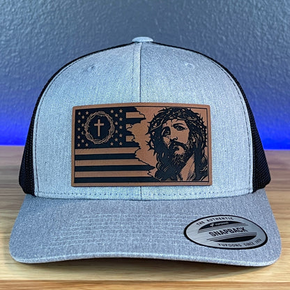 God & Country Jesus American Flag Patriotic Christian SnapBack Trucker Rawhide Leather Patch Hat - Hollow Point Society - Patch Hat