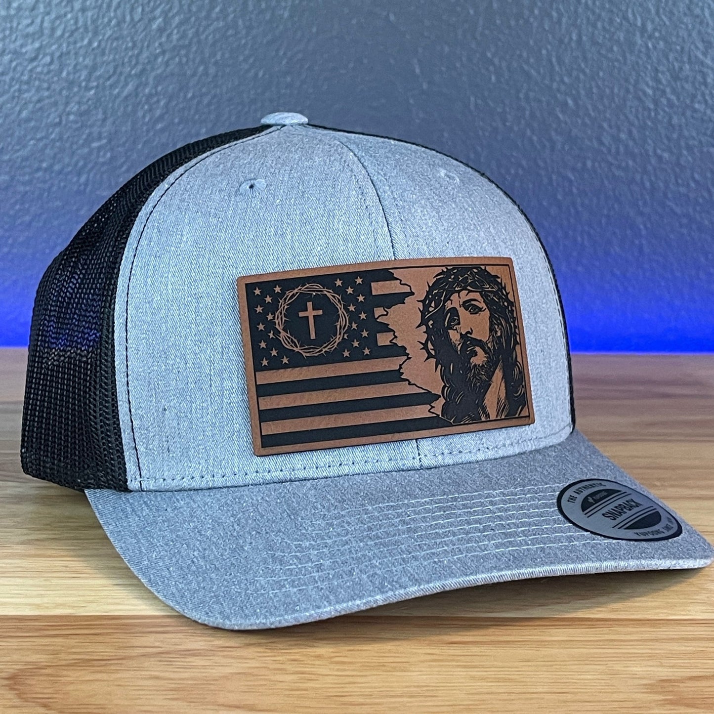 God & Country Jesus American Flag Patriotic Christian SnapBack Trucker Rawhide Leather Patch Hat - Hollow Point Society - Patch Hat