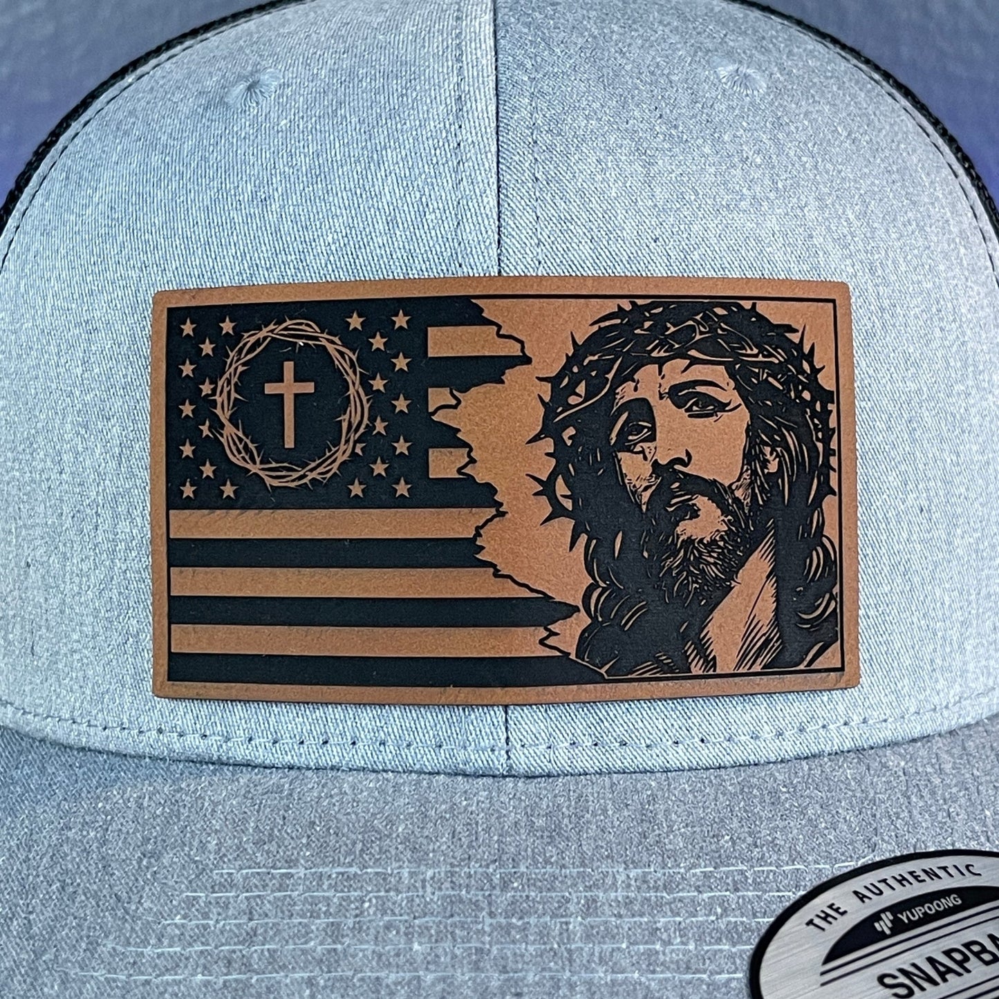 God & Country Jesus American Flag Patriotic Christian SnapBack Trucker Rawhide Leather Patch Hat - Hollow Point Society - Patch Hat