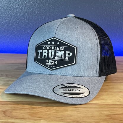 GOD BLESS TRUMP 2024 SnapBack Trucker Blk/Silver Leather Patch Hat - Hollow Point Society - Patch Hat