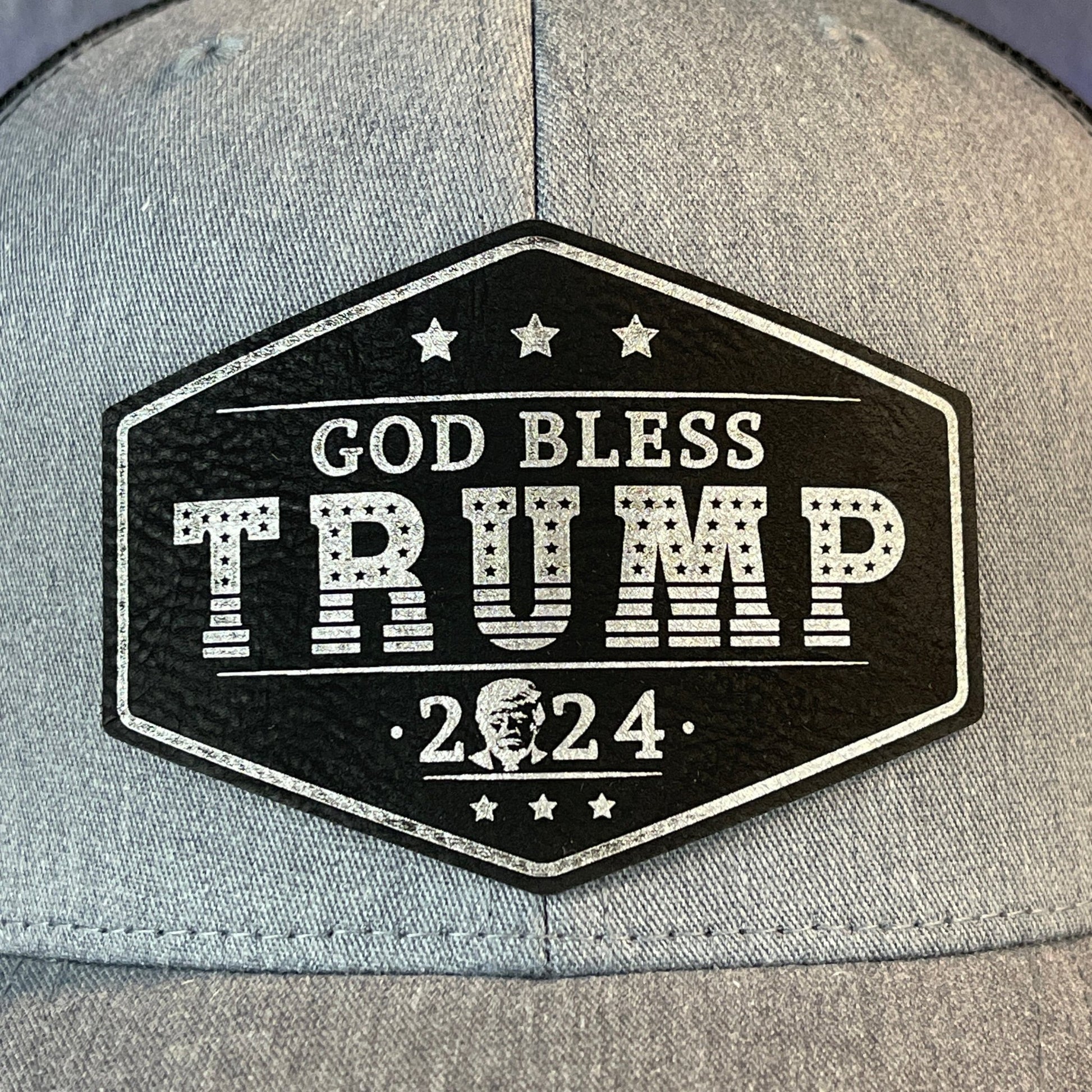 GOD BLESS TRUMP 2024 SnapBack Trucker Blk/Silver Leather Patch Hat - Hollow Point Society - Patch Hat