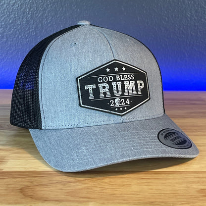 GOD BLESS TRUMP 2024 SnapBack Trucker Blk/Silver Leather Patch Hat - Hollow Point Society - Patch Hat