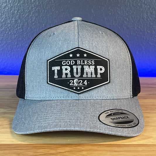 GOD BLESS TRUMP 2024 SnapBack Trucker Blk/Silver Leather Patch Hat - Hollow Point Society - Patch Hat