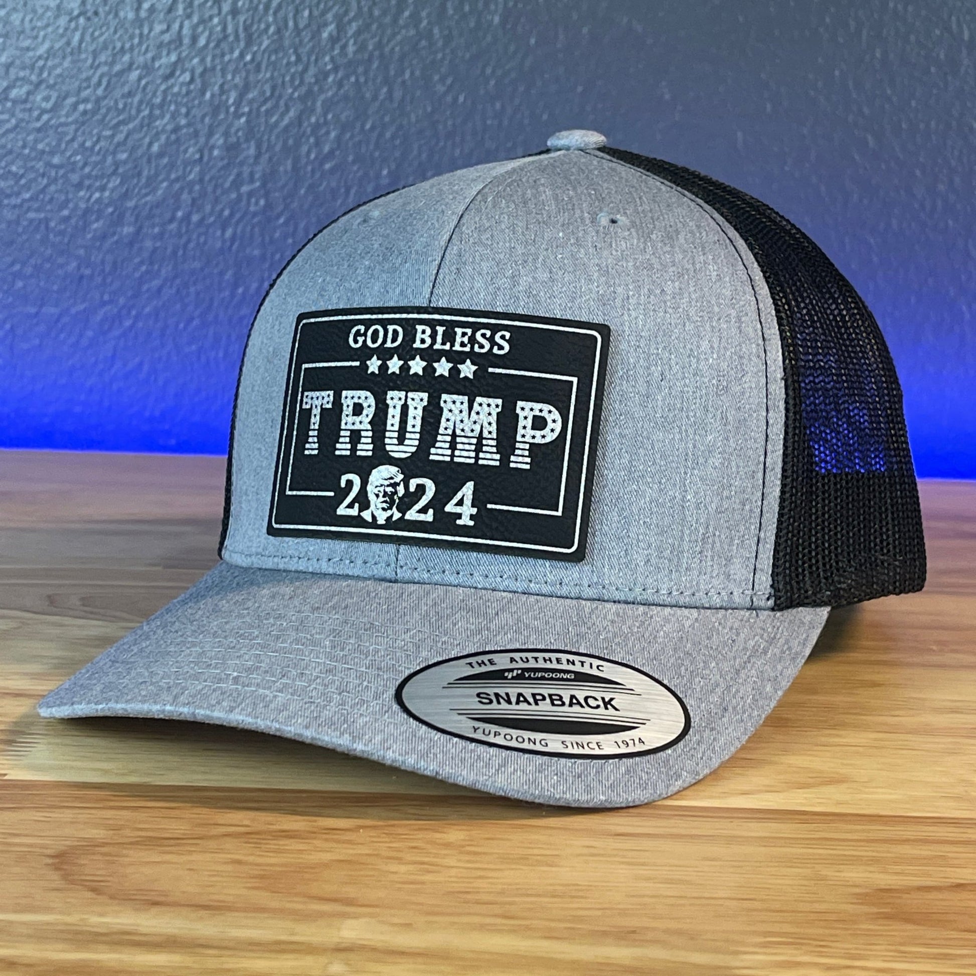 GOD BLESS TRUMP 2024 SnapBack Trucker Blk/Silver Rectangular Leather Patch Hat - Hollow Point Society - Patch Hat