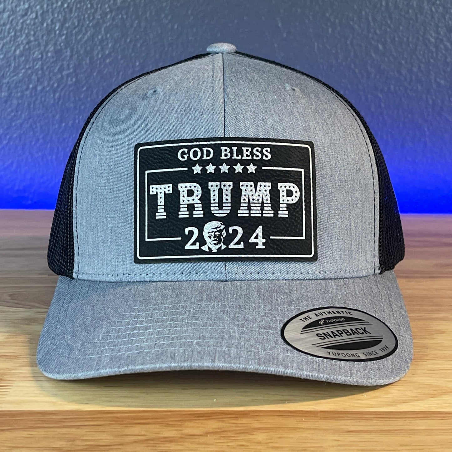 GOD BLESS TRUMP 2024 SnapBack Trucker Blk/Silver Rectangular Leather Patch Hat - Hollow Point Society - Patch Hat