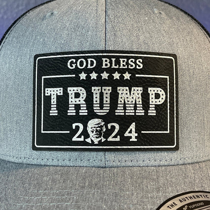 GOD BLESS TRUMP 2024 SnapBack Trucker Blk/Silver Rectangular Leather Patch Hat - Hollow Point Society - Patch Hat