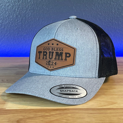 GOD BLESS TRUMP 2024 SnapBack Trucker Rawhide Leather Patch Hat - Hollow Point Society - Patch Hat