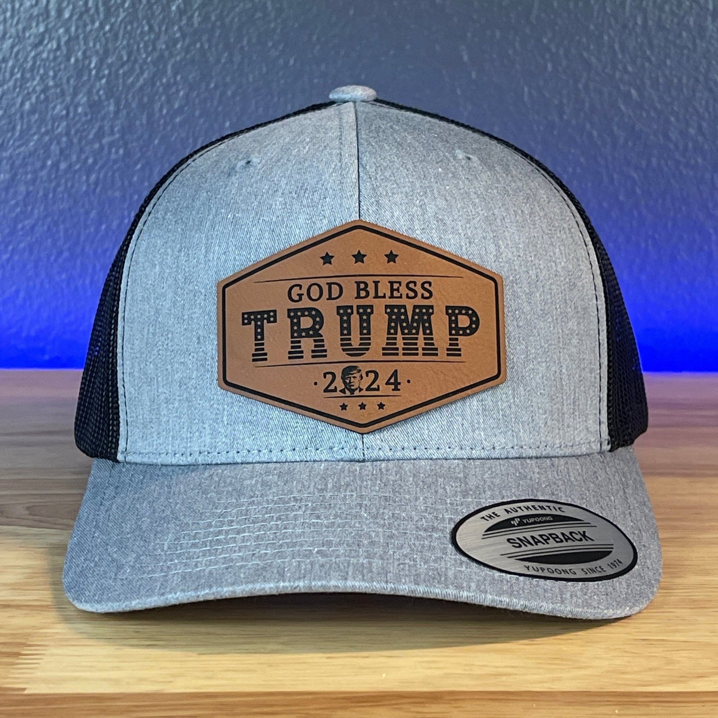 GOD BLESS TRUMP 2024 SnapBack Trucker Rawhide Leather Patch Hat - Hollow Point Society - Patch Hat