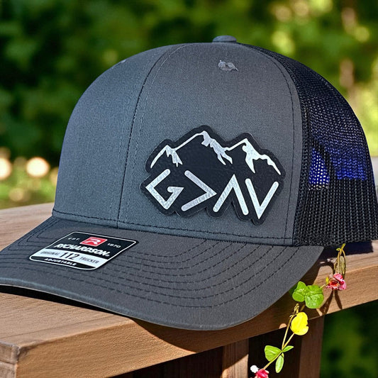 God Is Greater Than The Highs And Lows Christian SnapBack Leather Patch Hat Blk/Silv Side Outline - Hollow Point Society - Patch Hat