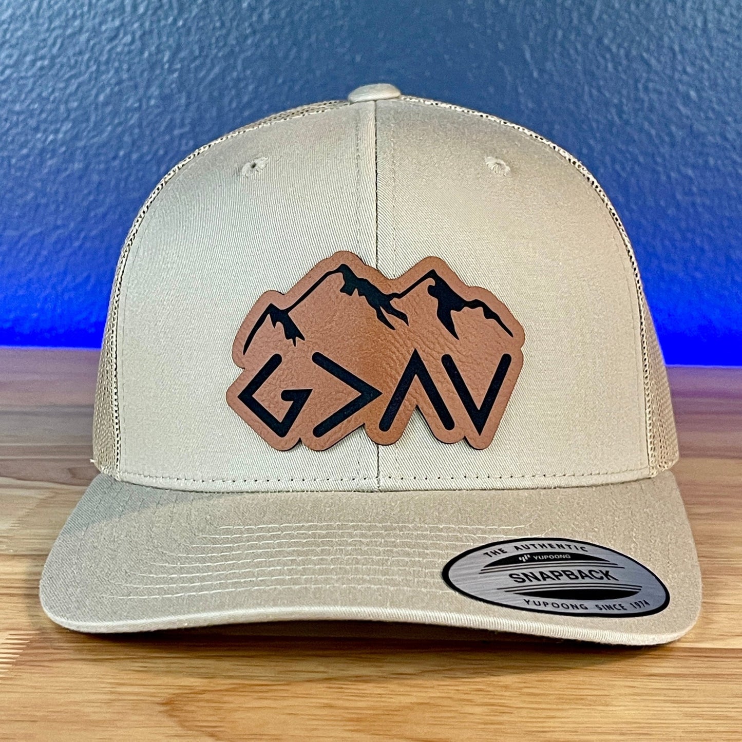 God Is Greater Than The Highs And Lows Christian SnapBack Leather Patch Hat Rawhide Outline - Hollow Point Society - Patch Hat