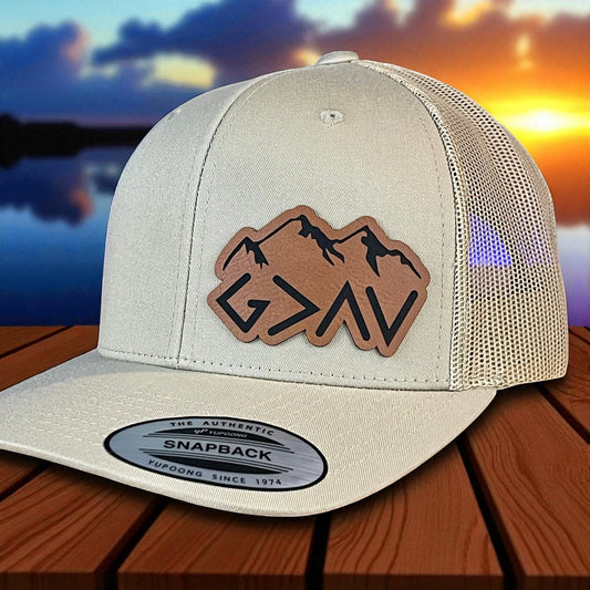 God Is Greater Than The Highs And Lows Christian SnapBack Leather Patch Hat Rawhide Side Outline