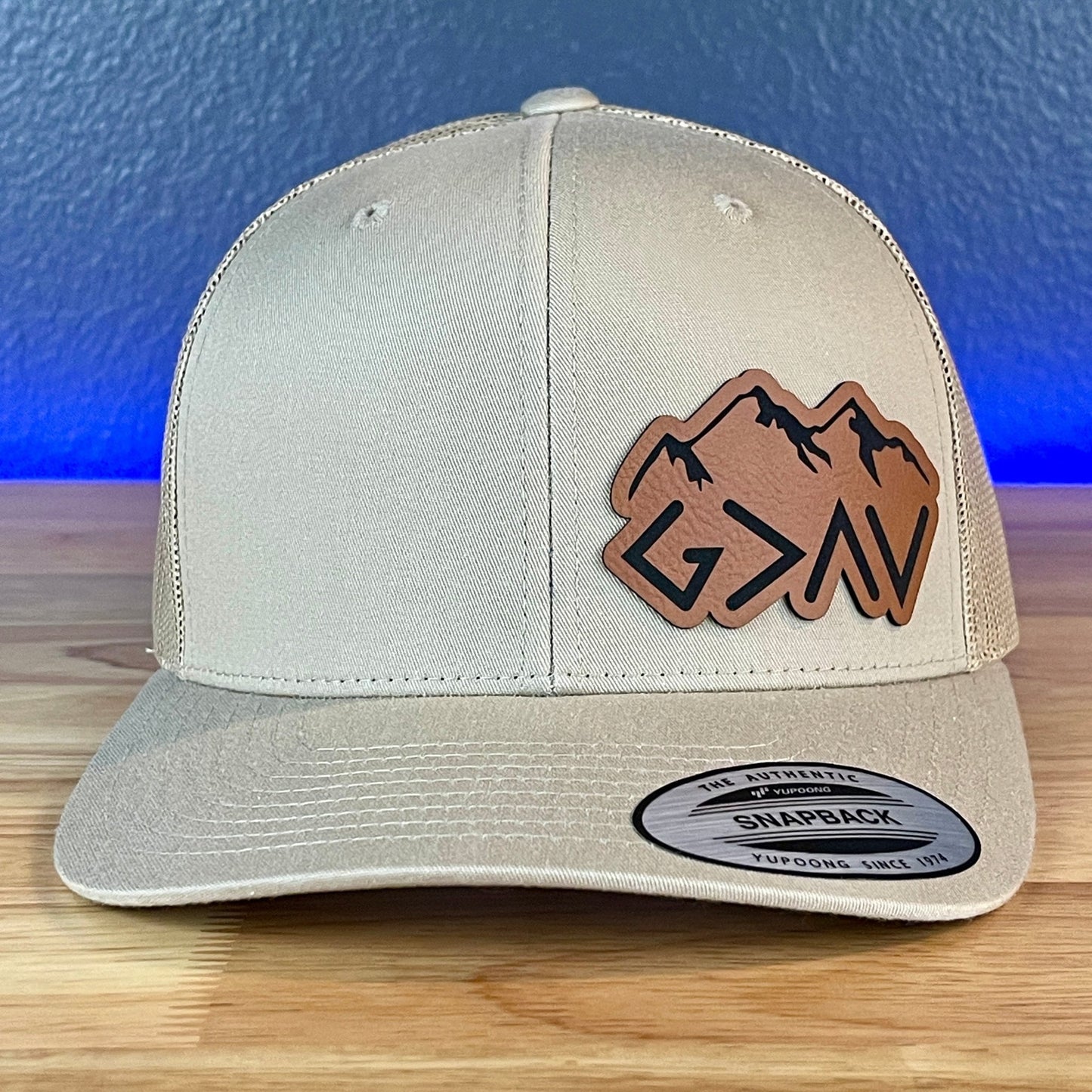 God Is Greater Than The Highs And Lows Christian SnapBack Leather Patch Hat Rawhide Side Outline - Hollow Point Society - Patch Hat