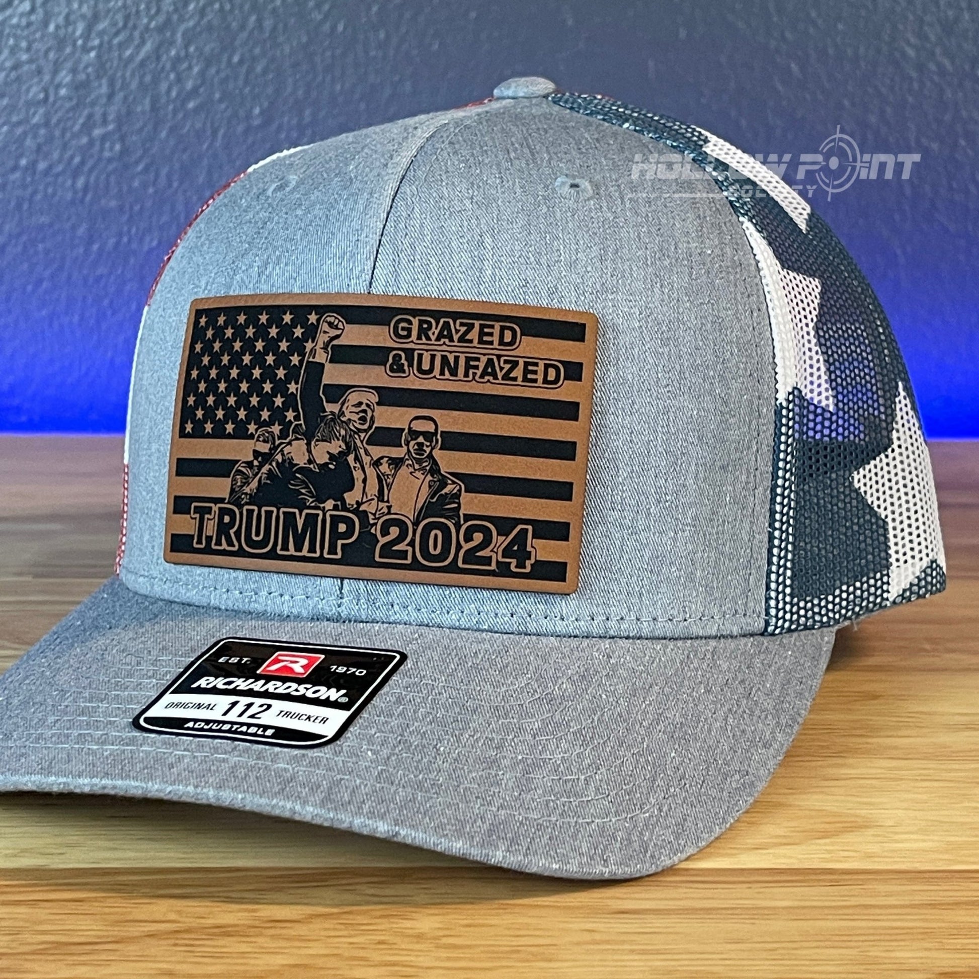 Trump Hat GRAZED & UNFAZED Flag Leather Patch SnapBack Trucker Hat Stars & Stripes - Hollow Point Society - Patch Hat