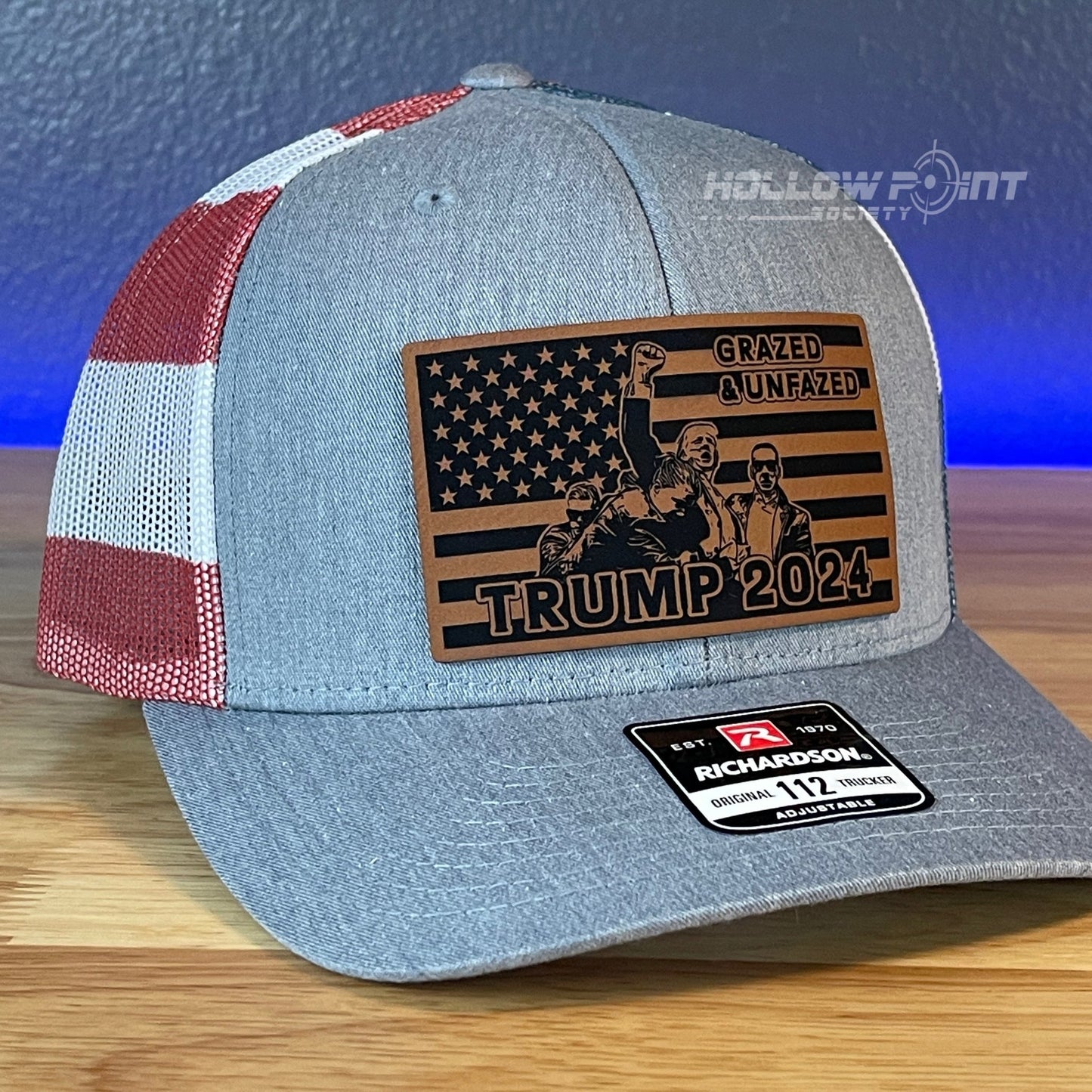 Trump Hat GRAZED & UNFAZED Flag Leather Patch SnapBack Trucker Hat Stars & Stripes - Hollow Point Society - Patch Hat