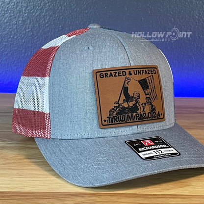 Trump Hat GRAZED & UNFAZED Leather Patch SnapBack Trucker Hat Stars & Stripes - Hollow Point Society - Patch Hat